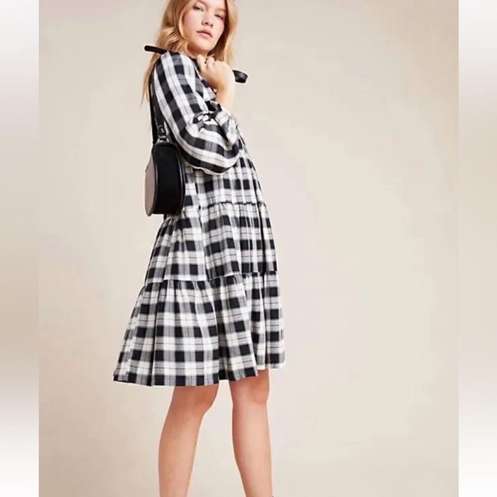 Anthropologie Black and White Plaid Mini Dress